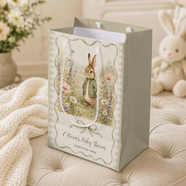 Sac Cadeau Moyen Sage Gingham Lapin Baby Shower (Créateur téléchargé)