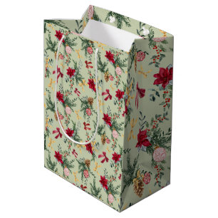 Sac Cadeau Moyen Sage Green Noël hiver verdure et Motif de la bow