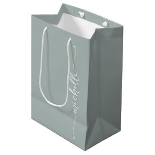 Sac Cadeau Moyen Sage Vert Élégant Nom Monogramme Script