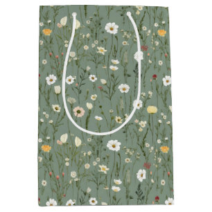 Sac Cadeau Moyen Sage Vert Jaune Fleurs Sauvages Blanches Anniversa