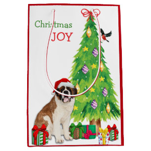 Sac Cadeau Moyen Saint Bernard Chien, Oiseau et Arbre de Noël Moyen