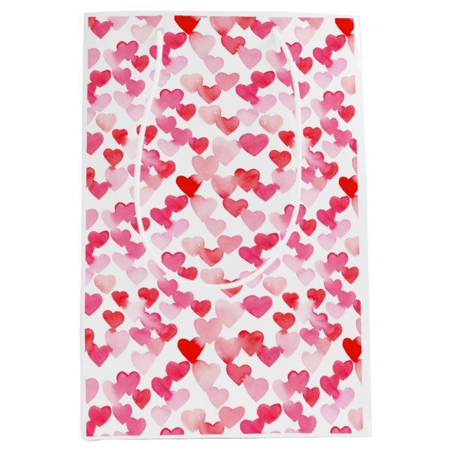 Sac Cadeau Moyen Saint Valentin Coeurs d'aquarelle rouge et rose (Devant)