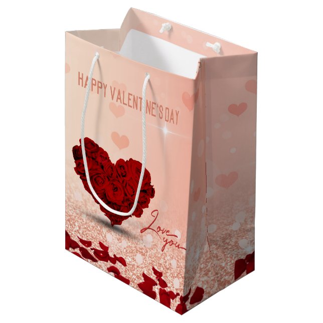 Sac Cadeau Moyen Saint Valentin Rose Bouquet de coeur moyen sac cad (Devant Angle)