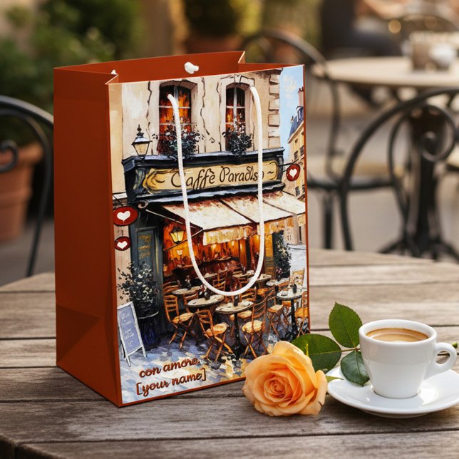 Sac Cadeau Moyen Salon de café italien à l'aquarelle (Gift bag featuring a watercolor painting of an Italian café)