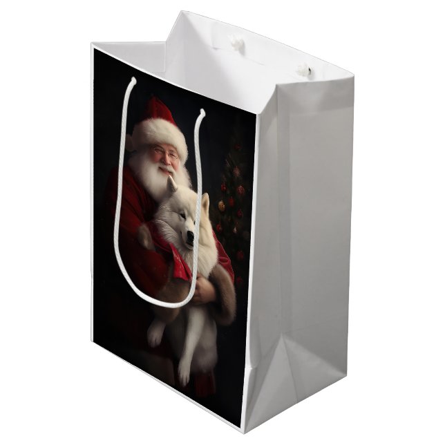 Sac Cadeau Moyen Samoyé Avec Noël Festif Du Père Noël (Devant Angle)