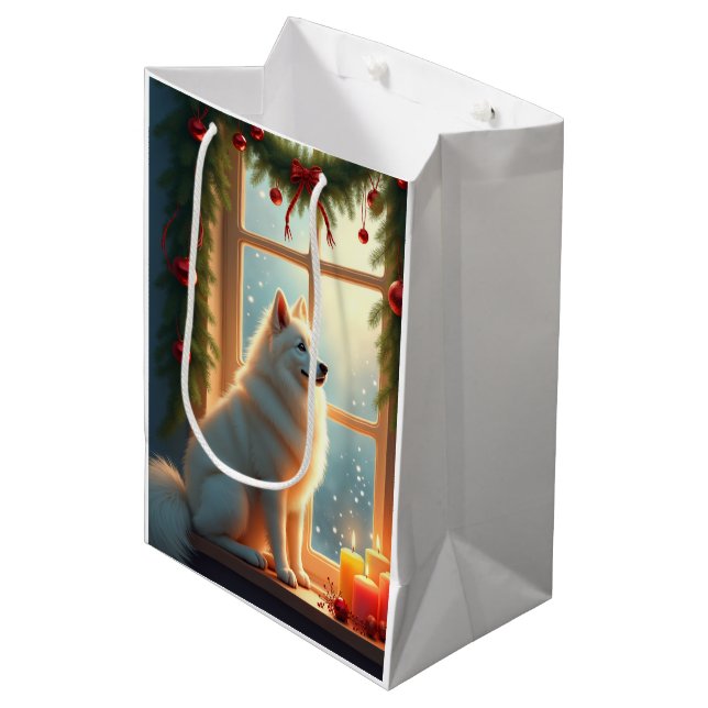 Sac Cadeau Moyen Samoyed Under the Mistletoe Christmas Painting (Devant Angle)