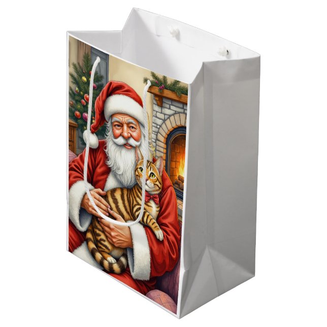 Sac Cadeau Moyen Santa Claus Holding Bengal Cat Christmas Art (Devant Angle)