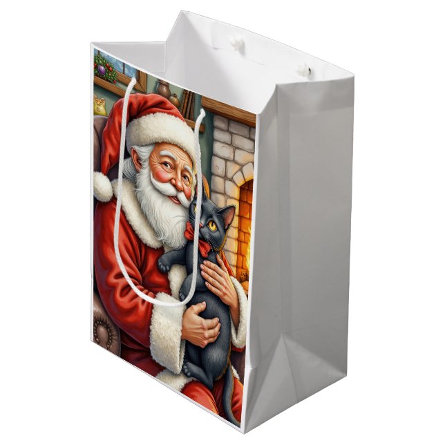Sac Cadeau Moyen Santa Claus Holding Black Cat Christmas Art (Devant Angle)