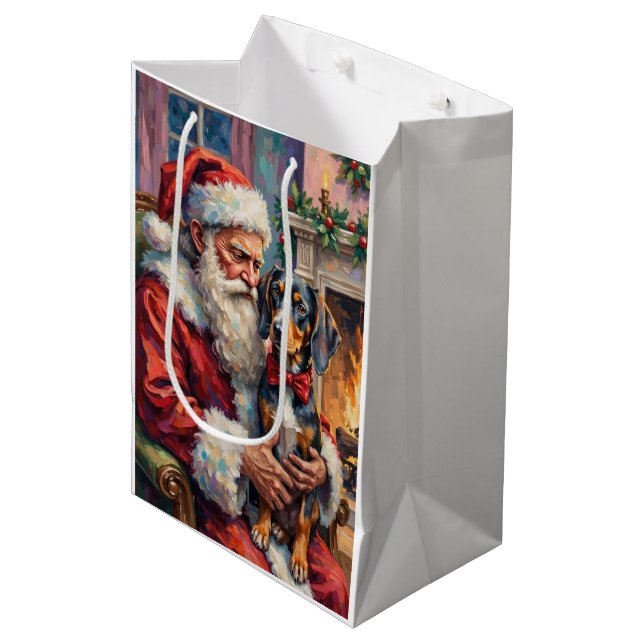 Sac Cadeau Moyen Santa Claus Holding Bluetick Coonhound Christmas  (Devant Angle)
