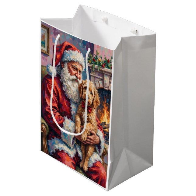 Sac Cadeau Moyen Santa Claus Holding Goldendoodle Christmas Art (Devant Angle)