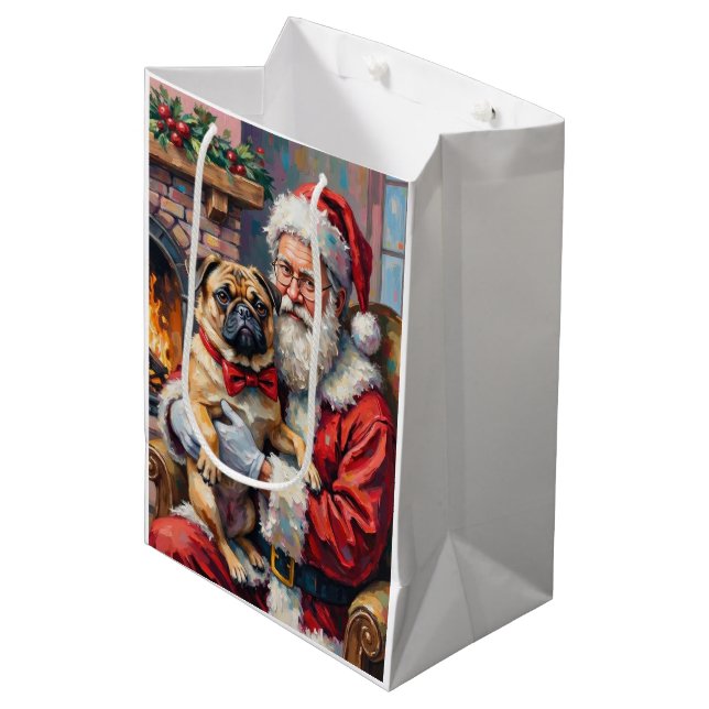 Sac Cadeau Moyen Santa Claus Holding Pug Christmas Art (Devant Angle)
