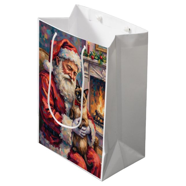 Sac Cadeau Moyen Santa Claus Holding Siamese Cat Christmas Art (Devant Angle)