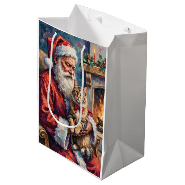 Sac Cadeau Moyen Santa Claus Holding Siberian Cat Christmas Art (Devant Angle)