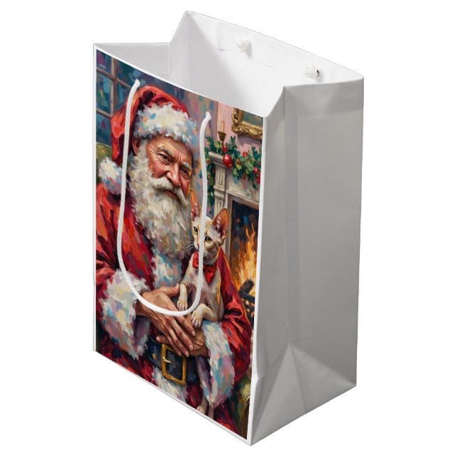 Sac Cadeau Moyen Santa Claus Holding Sphynx Cat Christmas Art (Devant Angle)