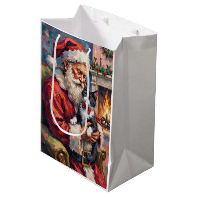 Sac Cadeau Moyen Santa Claus Holding Tuxedo Cat Christmas Art (Devant Angle)