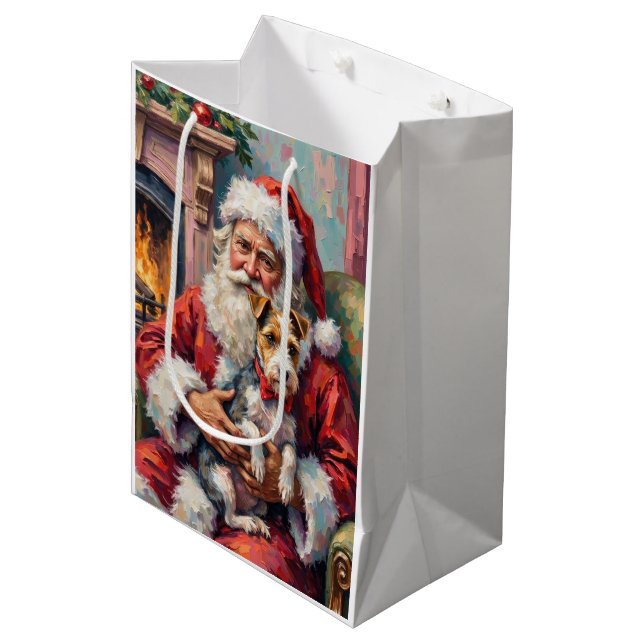 Sac Cadeau Moyen Santa Claus Holding Wirefox Terrier Christmas Art (Devant Angle)