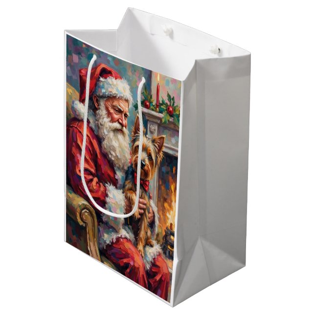 Sac Cadeau Moyen Santa Claus Holding Yorkshire Terrier Christmas  (Devant Angle)