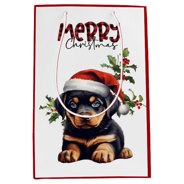Sac Cadeau Moyen Santa Hat Holly Rottweiler Chiot Noël (Devant)