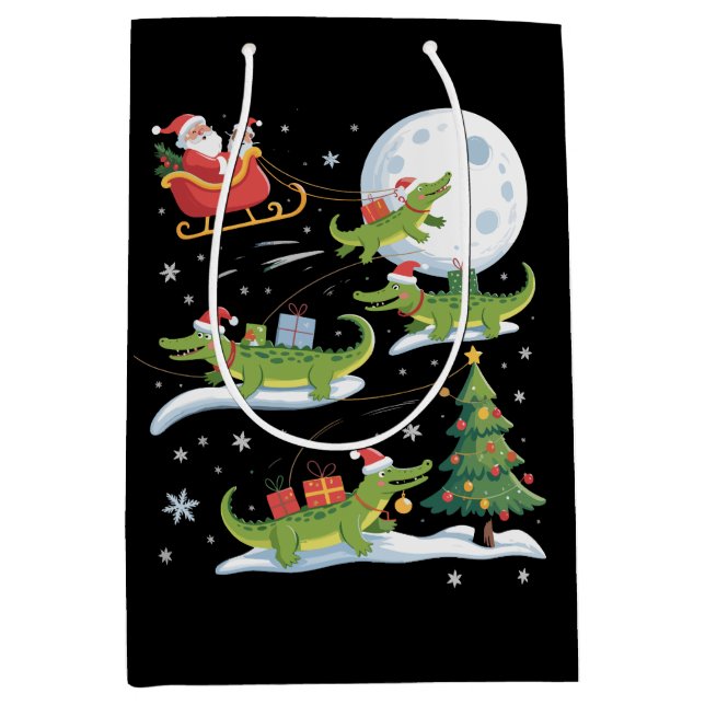 Sac Cadeau Moyen Santa Sleigh Riding Alligator Christmas Funny Xmas (Devant)