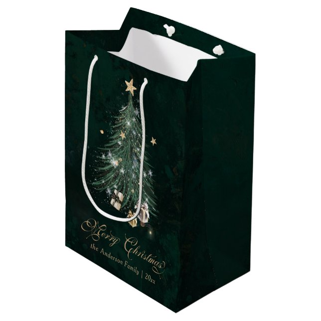 Sac Cadeau Moyen Sapin de Noël en Or Vert (Devant Angle)