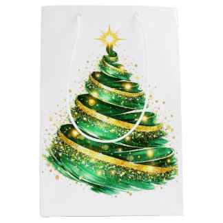 Sac Cadeau Moyen Sapin de Noël en vert émeraude et or