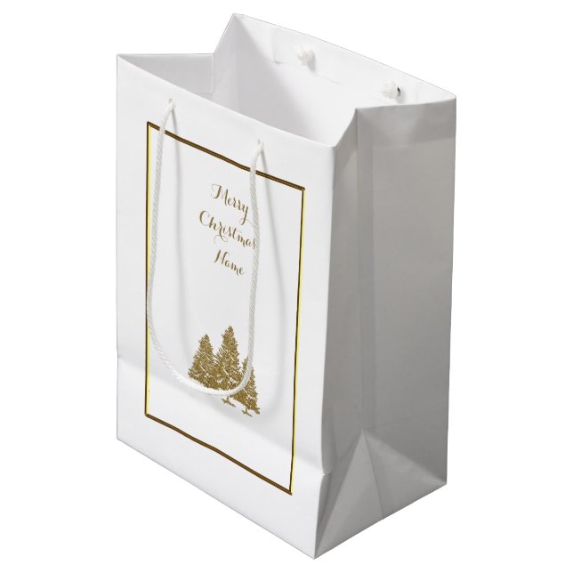 Sac Cadeau Moyen Sapins de Noël en or (Devant Angle)