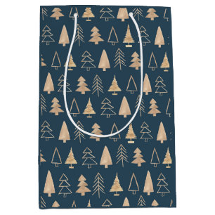 Sac Cadeau Moyen Sapins de Noël en Or sur Fond Bleu Minuit