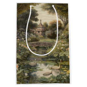 Sac Cadeau Moyen Scène botanique de cygnes dans un jardin anglais