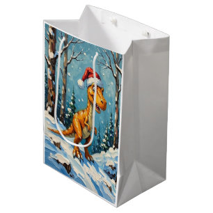 Sac Cadeau Moyen Scène de Noël avec dinosaure vintage et chapeau de