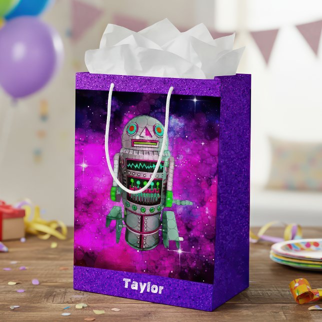 Sac Cadeau Moyen Sci fi toy robot galaxie violette nom personnalisé (Créateur téléchargé)
