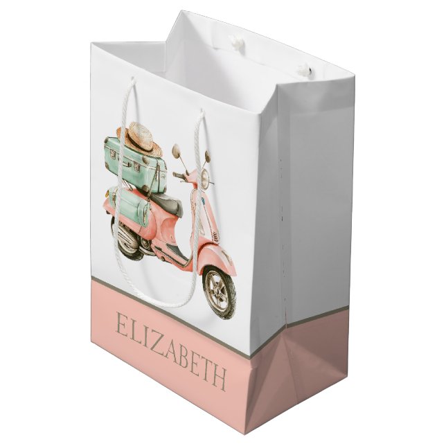 Sac Cadeau Moyen Scooter côtier rose et aqua mignon (Devant Angle)
