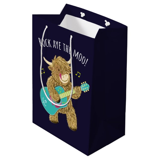 Sac Cadeau Moyen Scottish Highland Cow Guitarist Rock Aye The Moo!  (Dos Angle)