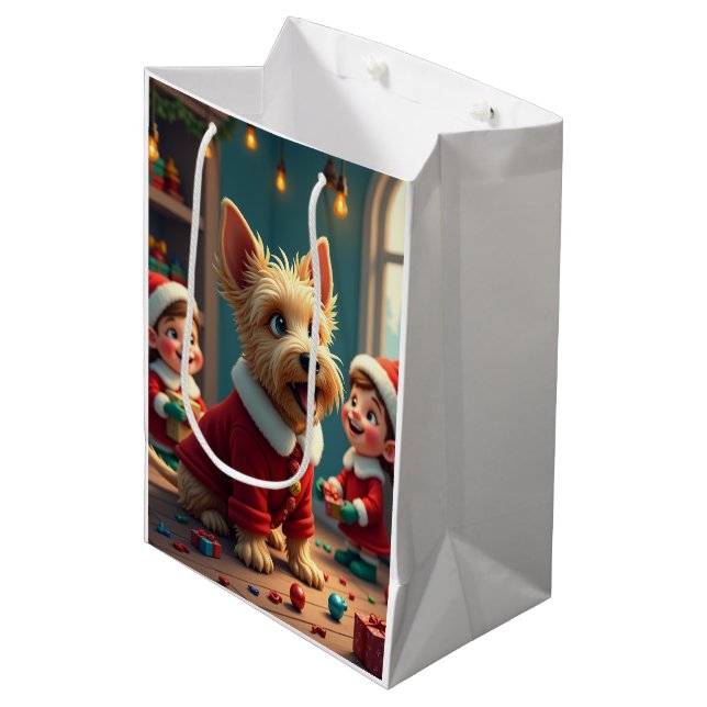 Sac Cadeau Moyen Scottish Terrier Helping Santa’s Elves Christmas (Devant Angle)