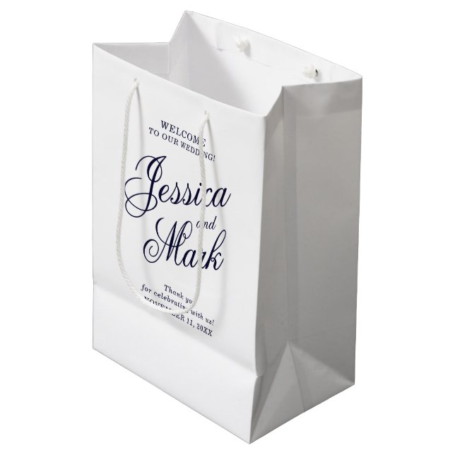 Sac Cadeau Moyen Script Typographie Mariage bleu Bienvenue (Devant Angle)