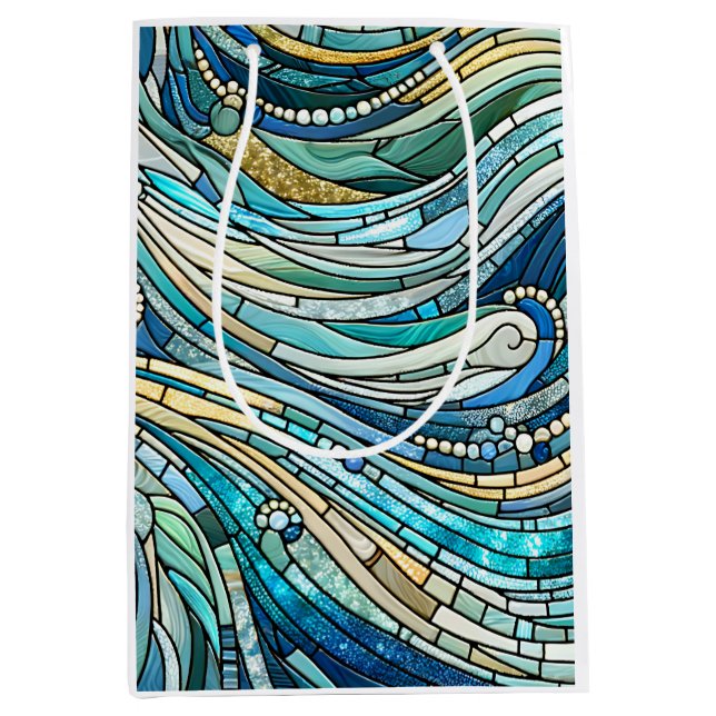 Sac Cadeau Moyen Sea of Waves Teal Mosaic Fine Art (Devant)