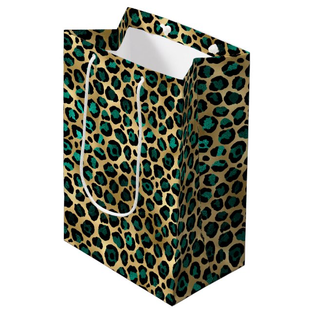 Sac Cadeau Moyen Série Teal et Gold Leopard Design 14  (Devant Angle)
