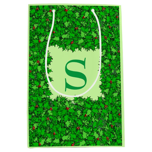 Sac Cadeau Moyen Serre Holly avec Monogramme, Vert foncé (Devant)