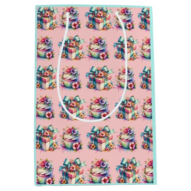 Sac Cadeau Moyen Shabby Chic Floral rose et bleu Anniversaire (Devant)