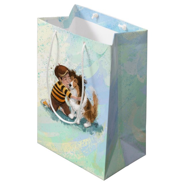 Sac Cadeau Moyen Sheltie and Boy Dog Hug (Devant Angle)