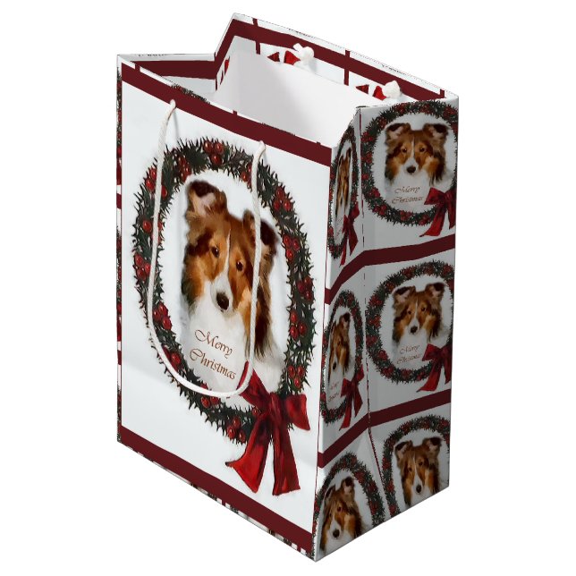 Sac Cadeau Moyen Shetland Sheepdog Shelter Noël (Devant Angle)
