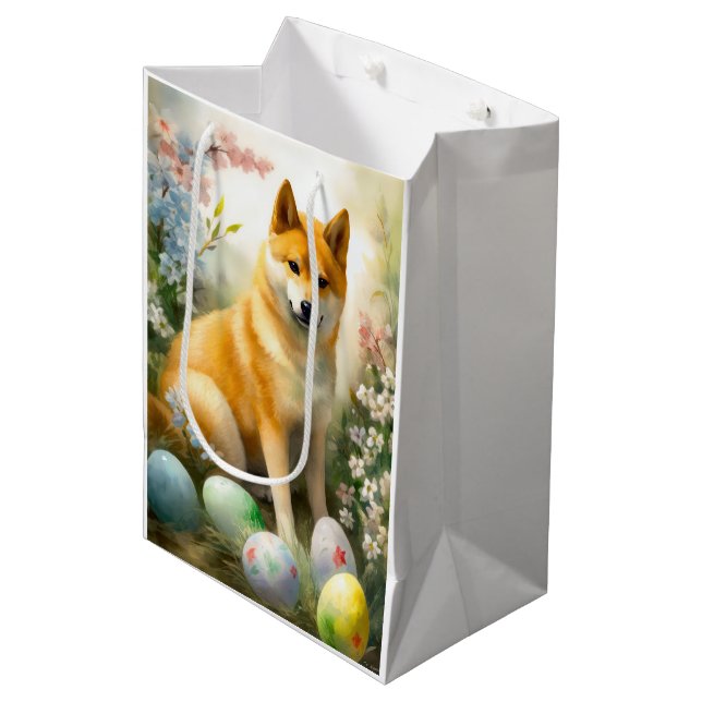 Sac Cadeau Moyen Shiba Inu avec les oeufs de Pâques vacances (Devant Angle)