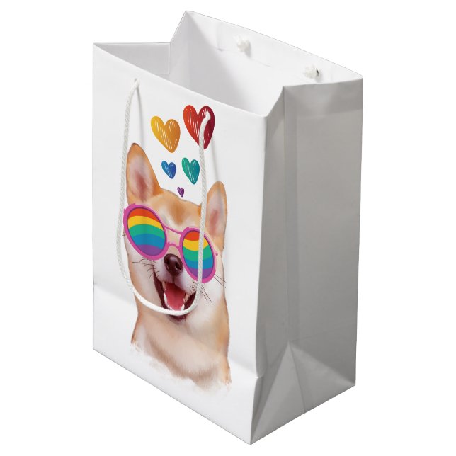 Sac Cadeau Moyen Shiba Inu Chien avec Coeurs Saint Valentin (Devant Angle)