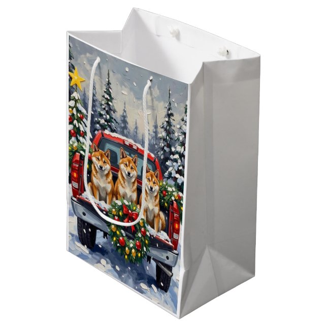 Sac Cadeau Moyen Shiba Inu Christmas Red Truck Holiday (Devant Angle)