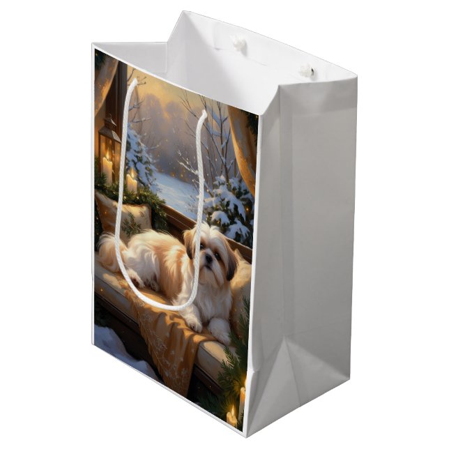 Sac Cadeau Moyen Shih Tzu avec les lumières de Noël (Devant Angle)