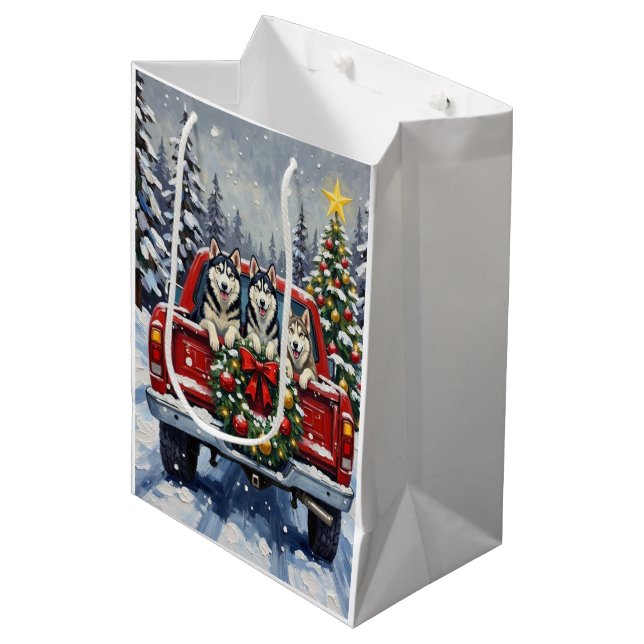 Sac Cadeau Moyen Siberian Husky Christmas Red Truck Holiday (Devant Angle)