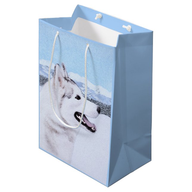 Sac Cadeau Moyen Sibérie Husky (argent et blanc) Peinture Chien Art (Devant Angle)