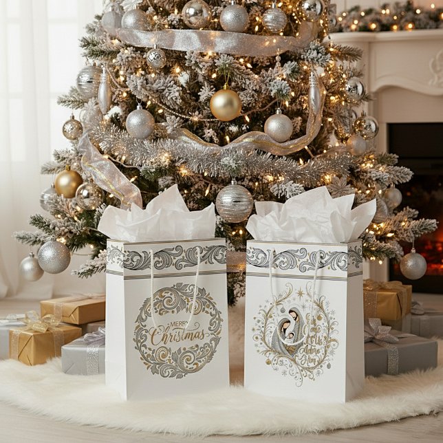 Sac Cadeau Moyen Silver and gold nativity Christmas (Créateur téléchargé)