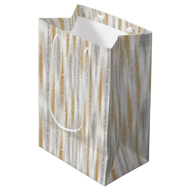 Sac Cadeau Moyen Silver Gold Glam Glitzy Stripes Christmas (Devant Angle)