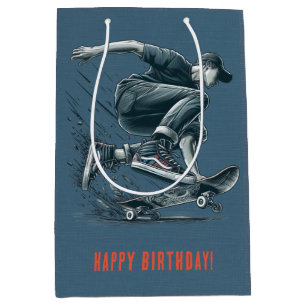 Sac Cadeau Moyen Skateboarder bleu Burnt Orange Joyeux Birthday Boy