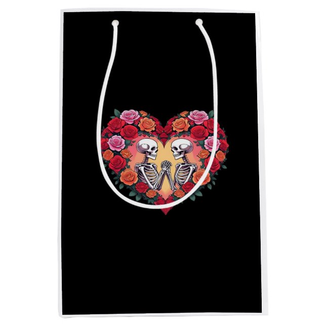 Sac Cadeau Moyen Skeleton Couple Tenant Les Mains Dans Un Coeur De  (Devant)